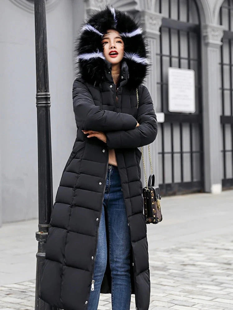 Maxi Puffer Coat with Faux Fur Hood
