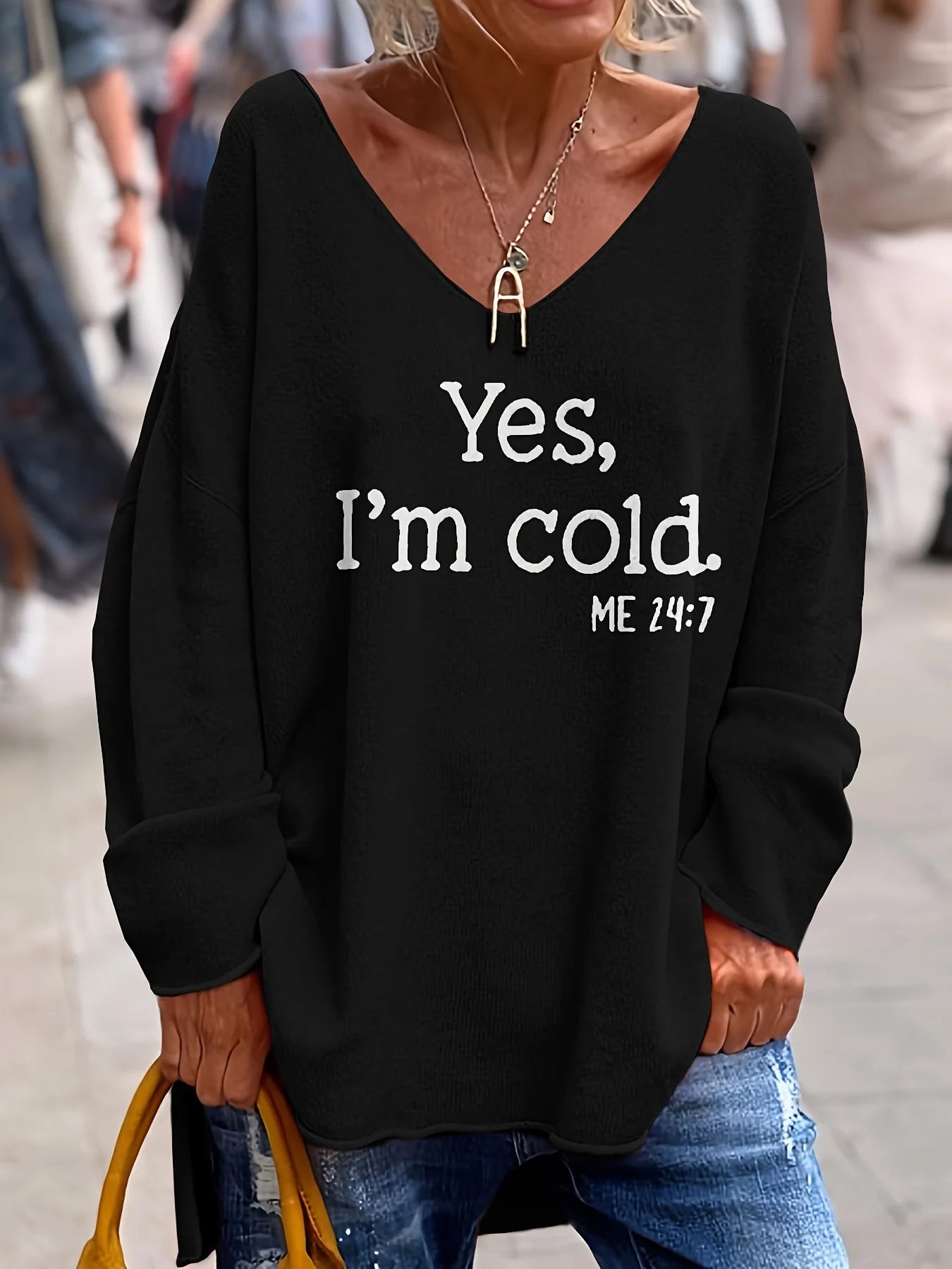 Oversized V-Neck Slogan Jumper